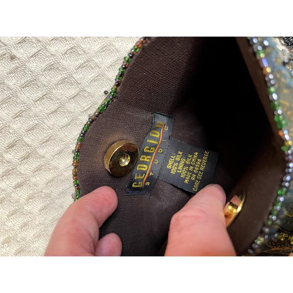 VTG Georgiou Studio Silk Beaded Mini Green & Blue Purse W/ Long Beaded Strap - Picture 7 of 12